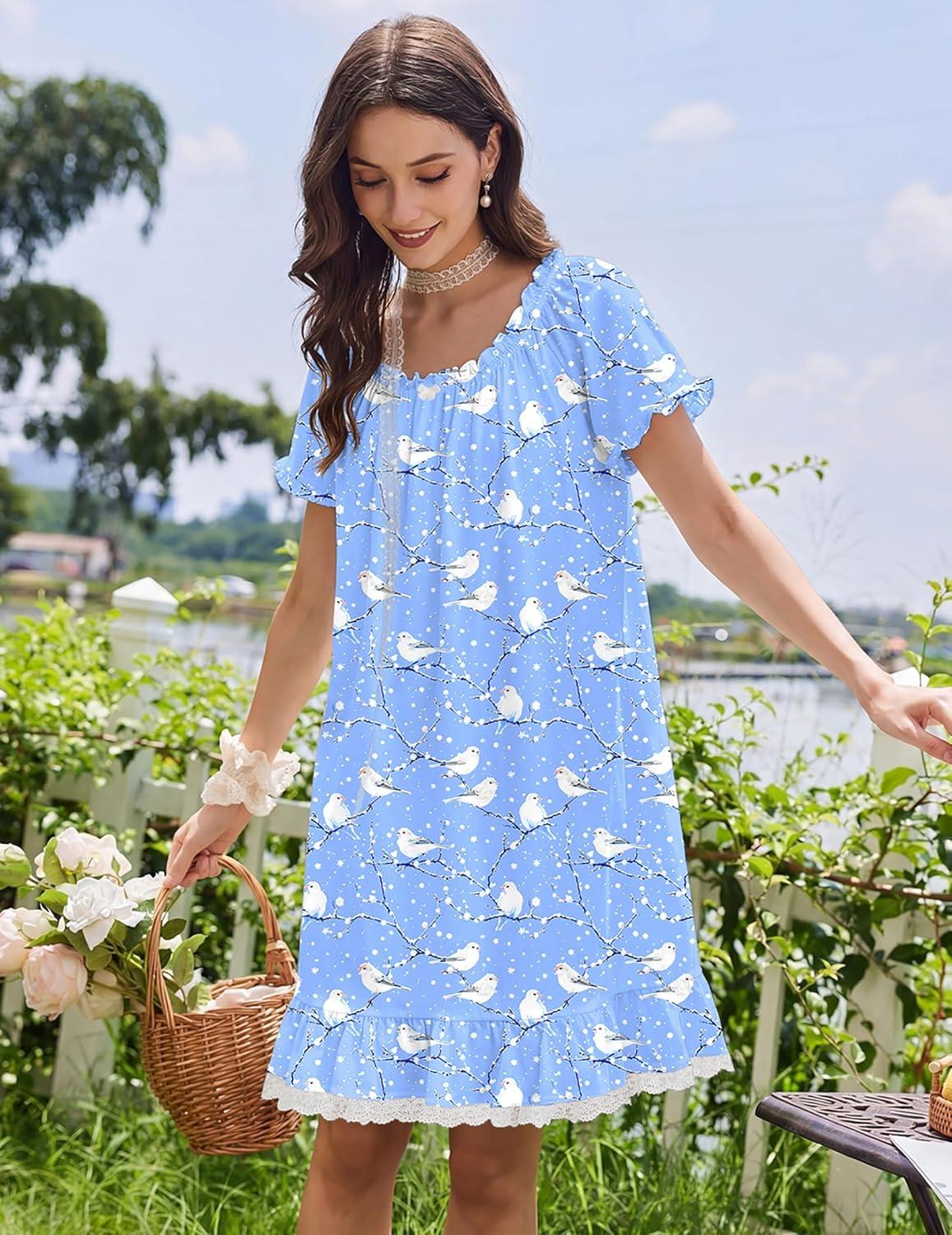 image:imageEkouaer Cotton Nightgowns for Women Vintage Victorian Night Gowns Short Sleeve Sleep Shirts Lace Sleep Dress Soft SleepwearWhite Bird