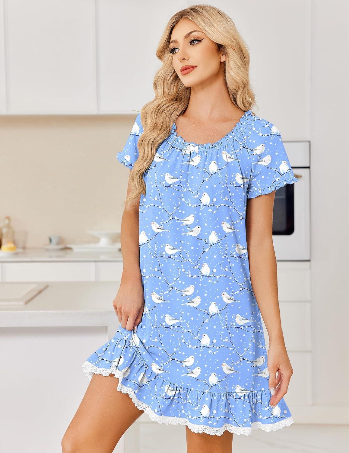 image:imageEkouaer Cotton Nightgowns for Women Vintage Victorian Night Gowns Short Sleeve Sleep Shirts Lace Sleep Dress Soft SleepwearWhite Bird
