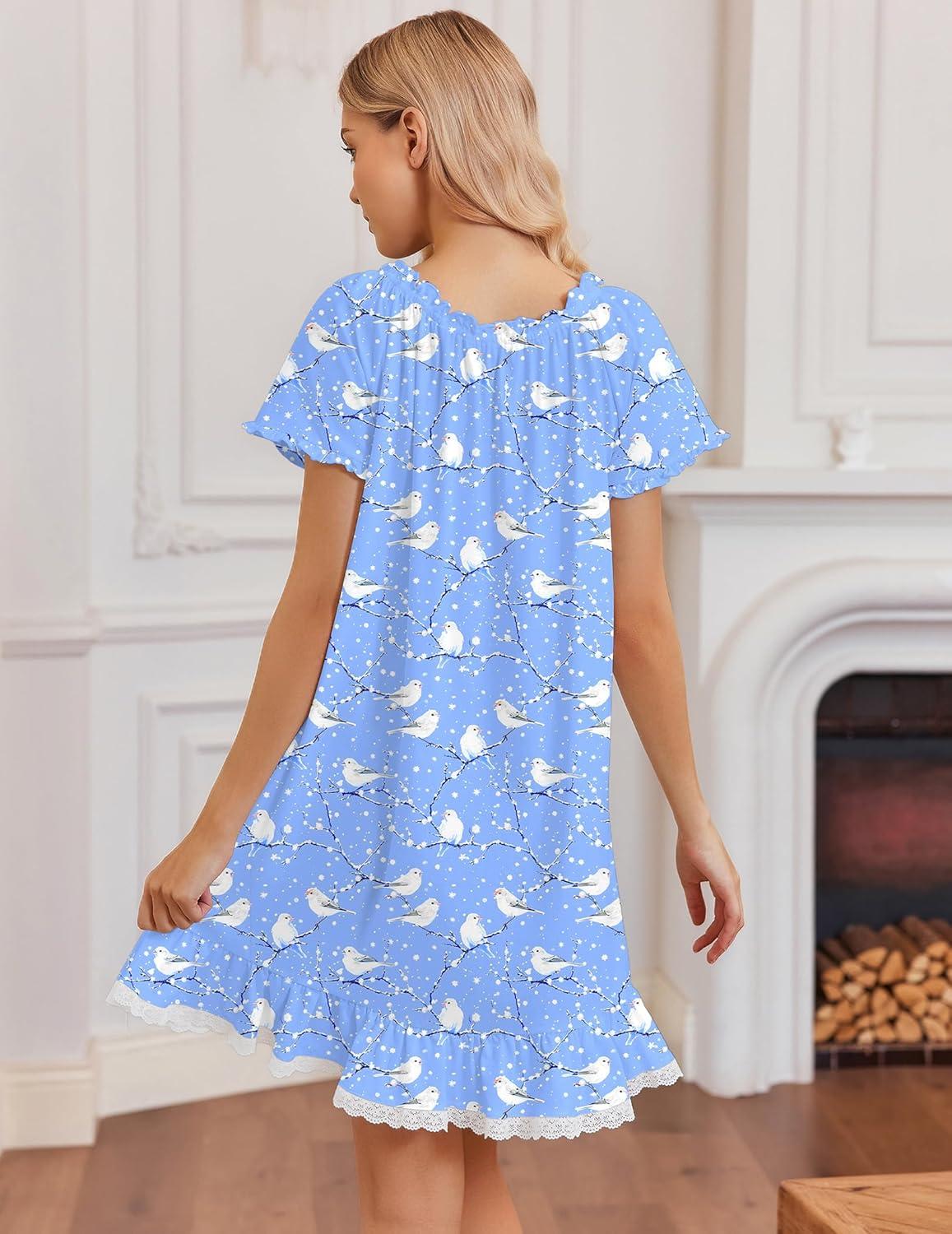 image:imageEkouaer Cotton Nightgowns for Women Vintage Victorian Night Gowns Short Sleeve Sleep Shirts Lace Sleep Dress Soft SleepwearWhite Bird