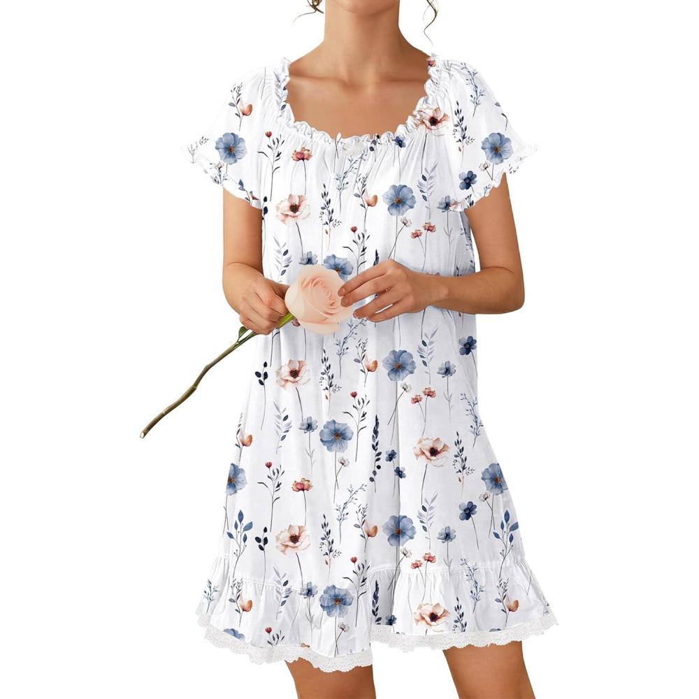 image:imageEkouaer Cotton Nightgowns for Women Vintage Victorian Night Gowns Short Sleeve Sleep Shirts Lace Sleep Dress Soft SleepwearFloral White