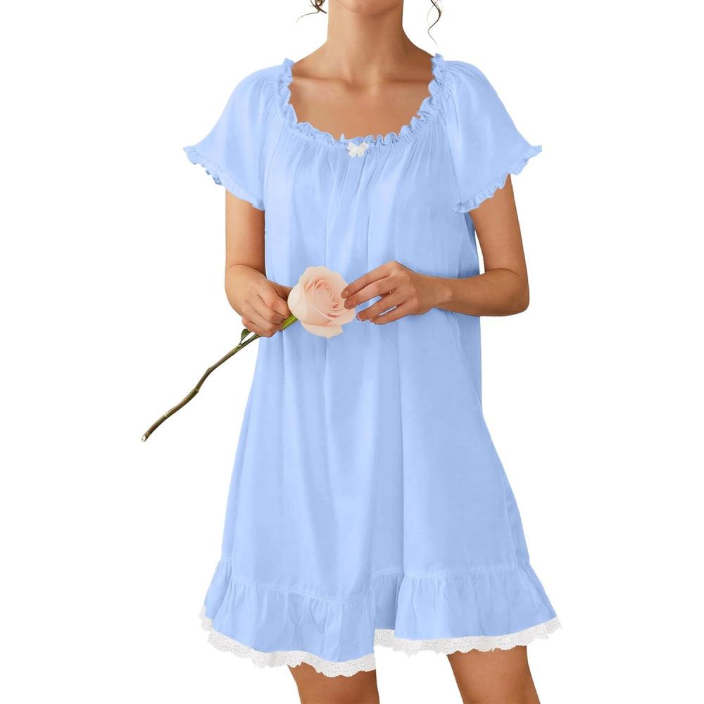 image:imageEkouaer Cotton Nightgowns for Women Vintage Victorian Night Gowns Short Sleeve Sleep Shirts Lace Sleep Dress Soft SleepwearLight Blue