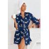 image:imageEkouaer Womens Satin Robes Silk Kimono Bath Robe Short Ruffled Hem Bride Bridesmaid Sleepwear with PocketsNavy Zebra