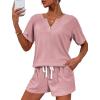 image:imageEkouaer Womens Waffle Knit Pajamas Set Short Sleeve Top with Shorts Matching Lounge Sets Loungewear Sweatsuit with Pockets
