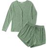 image:imageEkouaer Ribbed Knit Pajamas Sets for Women ButtonDown Loungewear Casual Shirt and Shorts 2 Piece Long Sleeve Soft Lounge Set