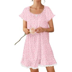 image:imageEkouaer Cotton Nightgowns for Women Vintage Victorian Night Gowns Short Sleeve Sleep Shirts Lace Sleep Dress Soft SleepwearFlowers Pink
