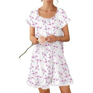 image:imageEkouaer Cotton Nightgowns for Women Vintage Victorian Night Gowns Short Sleeve Sleep Shirts Lace Sleep Dress Soft SleepwearFlowers Pink White