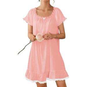 image:imageEkouaer Cotton Nightgowns for Women Vintage Victorian Night Gowns Short Sleeve Sleep Shirts Lace Sleep Dress Soft SleepwearPink