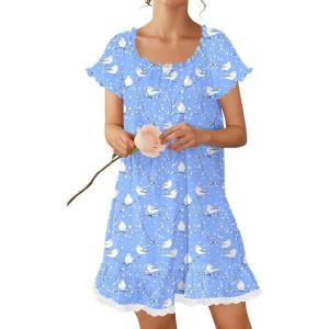 image:imageEkouaer Cotton Nightgowns for Women Vintage Victorian Night Gowns Short Sleeve Sleep Shirts Lace Sleep Dress Soft SleepwearWhite Bird