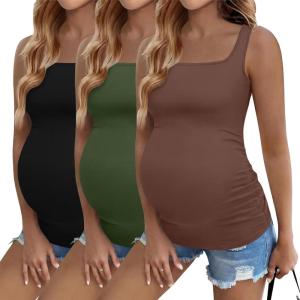 image:imageEkouaer Maternity Tank Tops 3 Pack Square Neck Pregnancy Shirts for Women Summer Ruched Side Sleeveless Pregnant Clothes TopBrownBlackArmy Green