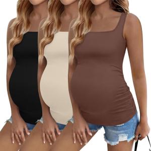 image:imageEkouaer Maternity Tank Tops 3 Pack Square Neck Pregnancy Shirts for Women Summer Ruched Side Sleeveless Pregnant Clothes TopBrownBlackBeige
