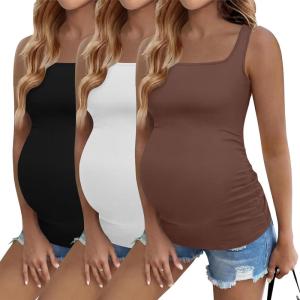 image:imageEkouaer Maternity Tank Tops 3 Pack Square Neck Pregnancy Shirts for Women Summer Ruched Side Sleeveless Pregnant Clothes TopBrownBlackWhite