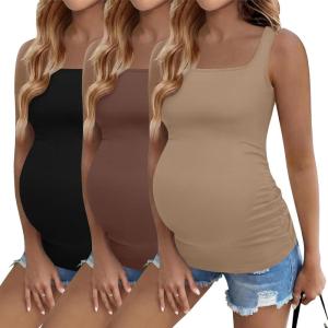 image:imageEkouaer Maternity Tank Tops 3 Pack Square Neck Pregnancy Shirts for Women Summer Ruched Side Sleeveless Pregnant Clothes TopBrownKhakiBlack