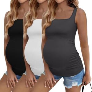 image:imageEkouaer Maternity Tank Tops 3 Pack Square Neck Pregnancy Shirts for Women Summer Ruched Side Sleeveless Pregnant Clothes TopDark GreyWhiteBlack