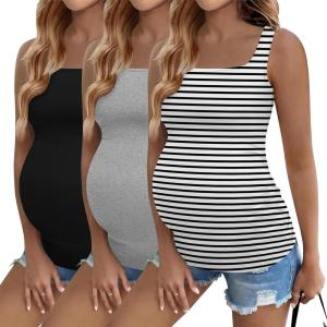 image:imageEkouaer Maternity Tank Tops 3 Pack Square Neck Pregnancy Shirts for Women Summer Ruched Side Sleeveless Pregnant Clothes TopLight GreyWhite StripedBlack