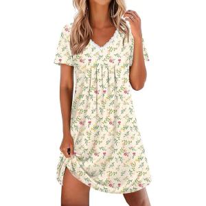 image:imageEkouaer Nightgowns for Women Cotton Night Gowns Short Sleeve Pleated Sleep Shirts Lace Trim Moo Moos Ladies SleepwearFloral Yellow