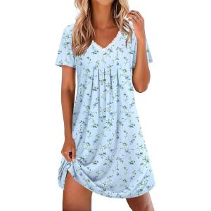 image:imageEkouaer Nightgowns for Women Cotton Night Gowns Short Sleeve Pleated Sleep Shirts Lace Trim Moo Moos Ladies SleepwearFlowers Light Blue