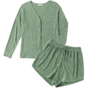 image:imageEkouaer Ribbed Knit Pajamas Sets for Women ButtonDown Loungewear Casual Shirt and Shorts 2 Piece Long Sleeve Soft Lounge Set