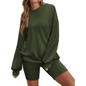image:imageEkouaer Women 2 Pieces Outfit Sweatsuit Matching Lounge Set Long Sleeve Sweatshirt Shorts Comfy Loungewear Pajamas Fall Clothes Dark Green M