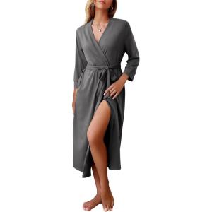 image:imageEkouaer Women Robes Long Knit Bathrobe Lightweight Soft Kimono Robes Casual Ladies Loungewear with PocketsGrey