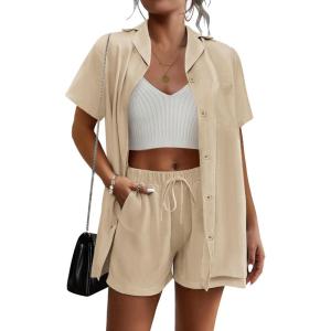 image:imageEkouaer Womens 2 Piece Lounge Set Short Sleeve Button Down Shirt Vacation Outfits Casual Loungewear with Pockets