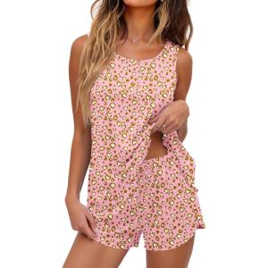 image:imageEkouaer Womens Pajama Sets Sleeveless Tank Tops and Split Shorts Pjs Set Soft Comfy Summer 2 Piece SleepwearLeopard Pink