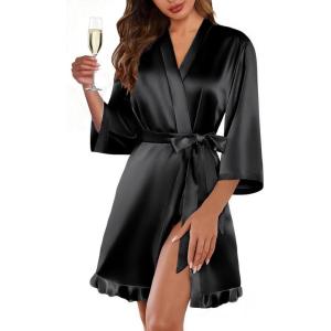 image:imageEkouaer Womens Satin Robes Silk Kimono Bath Robe Short Ruffled Hem Bride Bridesmaid Sleepwear with Pockets01black