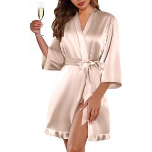 image:imageEkouaer Womens Satin Robes Silk Kimono Bath Robe Short Ruffled Hem Bride Bridesmaid Sleepwear with Pockets01champagne