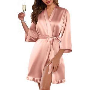 image:imageEkouaer Womens Satin Robes Silk Kimono Bath Robe Short Ruffled Hem Bride Bridesmaid Sleepwear with Pockets01misty Rose