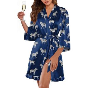 image:imageEkouaer Womens Satin Robes Silk Kimono Bath Robe Short Ruffled Hem Bride Bridesmaid Sleepwear with PocketsNavy Zebra