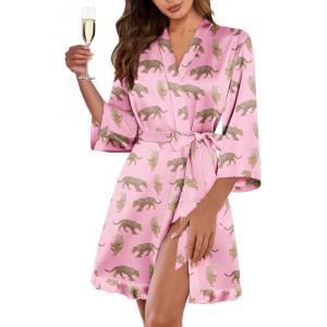 image:imageEkouaer Womens Satin Robes Silk Kimono Bath Robe Short Ruffled Hem Bride Bridesmaid Sleepwear with PocketsPink Cheetah