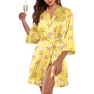 image:imageEkouaer Womens Satin Robes Silk Kimono Bath Robe Short Ruffled Hem Bride Bridesmaid Sleepwear with PocketsTeddy Bear