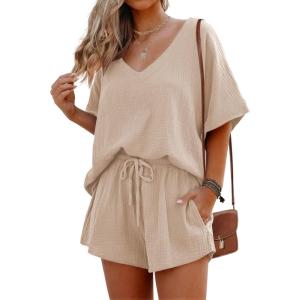 image:imageEkouaer Womens V Neck Lounge Sets Beach Cover Up Shirt and Shorts 2 Piece Outfits Loungewear Pajama with Pockets KhakiL