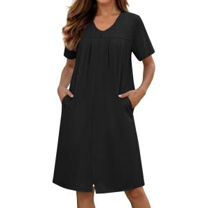 image:imageEkouaer Zipper Robes for Women Short Knit Bathrobes Lightweight Knee Length Housecoat with Pockets Nightgown S3XLBlack