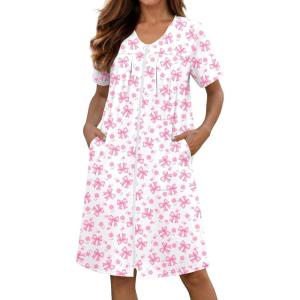 image:imageEkouaer Zipper Robes for Women Short Knit Bathrobes Lightweight Knee Length Housecoat with Pockets Nightgown S3XLPink Bow