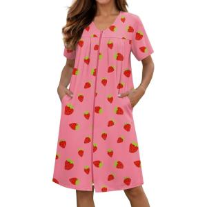 image:imageEkouaer Zipper Robes for Women Short Knit Bathrobes Lightweight Knee Length Housecoat with Pockets Nightgown S3XLPink Strawberry