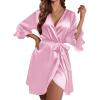 image:imageEkouaer Womens Satin Robe Valentines Lingerie for Women Kimono Bathrobe Short Ruffle Belted Robes Bridesmaids SleepwearMisty Rose