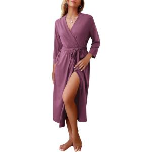 image:imageEkouaer Women Robes Long Knit Bathrobe Lightweight Soft Kimono Robes Casual Ladies Loungewear with PocketsPurple Red