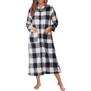 image:imageEkouaer Women Zipper Robe Fleece Long Sleeves Bathrobe Sleepwear Warm Soft Housecoat with Pockets Zip Up House DressesBlack White Plaid