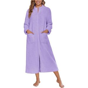image:imageEkouaer Women Zipper Robe Fleece Long Sleeves Bathrobe Sleepwear Warm Soft Housecoat with Pockets Zip Up House DressesLavender