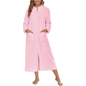 image:imageEkouaer Women Zipper Robe Fleece Long Sleeves Bathrobe Sleepwear Warm Soft Housecoat with Pockets Zip Up House DressesLight Pink