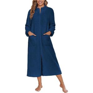image:imageEkouaer Women Zipper Robe Fleece Long Sleeves Bathrobe Sleepwear Warm Soft Housecoat with Pockets Zip Up House DressesNavy
