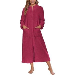image:imageEkouaer Women Zipper Robe Fleece Long Sleeves Bathrobe Sleepwear Warm Soft Housecoat with Pockets Zip Up House DressesWine Red