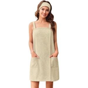 image:imageEkouaer Towel Wrap for Women Spa Bath Robe Lightweight Terry Cloth Wrap Adjustable Shower Robe with Headband SXLBeige