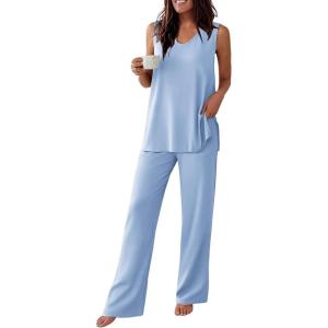 image:imageEkouaer Womens Pajamas Set Sleeveless Lounge Sets Comfy Tank Top and Pants Pjs Set V Neck 2 Piece Sleepwear SXXLBaby Blue