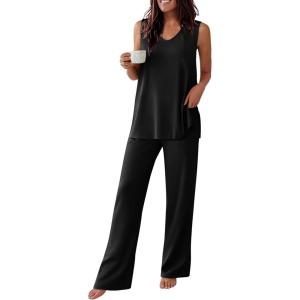 image:imageEkouaer Womens Pajamas Set Sleeveless Lounge Sets Comfy Tank Top and Pants Pjs Set V Neck 2 Piece Sleepwear SXXLBlack
