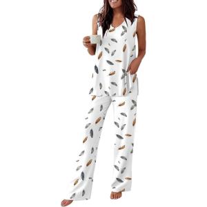 image:imageEkouaer Womens Pajamas Set Sleeveless Lounge Sets Comfy Tank Top and Pants Pjs Set V Neck 2 Piece Sleepwear SXXLFeather White