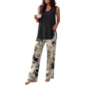 image:imageEkouaer Womens Pajamas Set Sleeveless Lounge Sets Comfy Tank Top and Pants Pjs Set V Neck 2 Piece Sleepwear SXXLFloral Black
