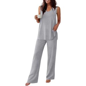 image:imageEkouaer Womens Pajamas Set Sleeveless Lounge Sets Comfy Tank Top and Pants Pjs Set V Neck 2 Piece Sleepwear SXXLLight Grey