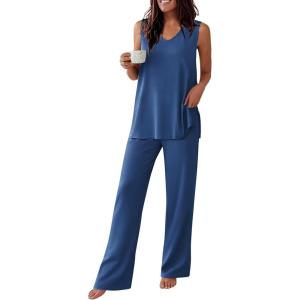 image:imageEkouaer Womens Pajamas Set Sleeveless Lounge Sets Comfy Tank Top and Pants Pjs Set V Neck 2 Piece Sleepwear SXXLNavy Blue