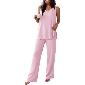 image:imageEkouaer Womens Pajamas Set Sleeveless Lounge Sets Comfy Tank Top and Pants Pjs Set V Neck 2 Piece Sleepwear SXXLPink